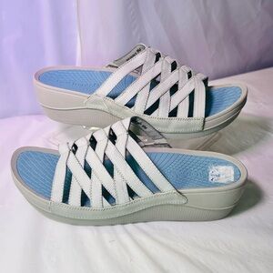 BareTraps White Woven Slide Mules with Light Blue Footbed